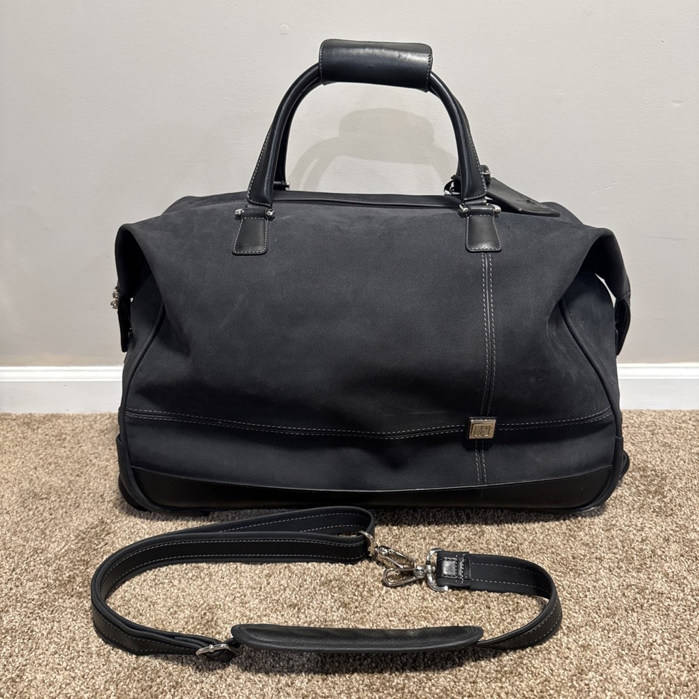 Diane Von Furstenberg DVF Black Suede Roller Travel Duffle Bag Suitcase Leather
